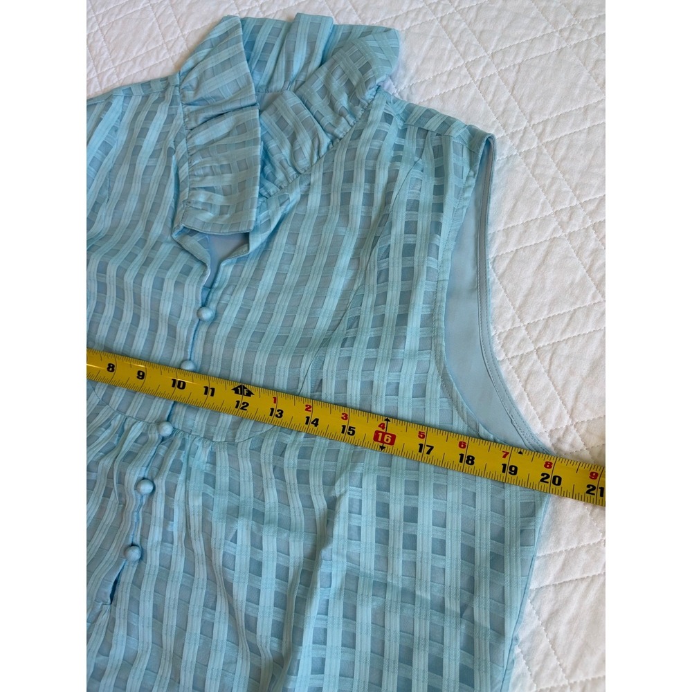 S'EDGE Blue Cotton Silk Ruffle Neck Sleeveless Shift Dress M - Picture 6 of 10